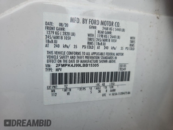 2020 Ford Edge SEL with VIN 2FMPK4J99LBB15305, listed as a Copart auction lot 59551475 with 61,025 mi miles and Salvage title. Bid and sale history available at DreamBid. Image 12.