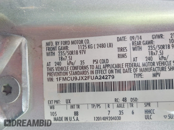 2015 Ford Escape Titanium with VIN 1FMCU9JX2FUA24279, listed as a IAAI auction lot 41930868 with 254,997 mi miles. Bid and sale history available at carsss.com. Image 9.