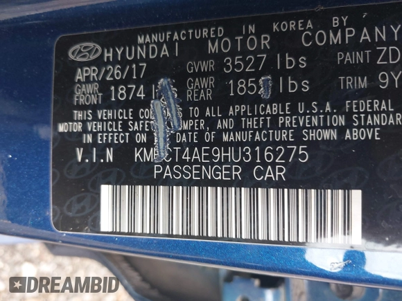 2017 Hyundai Accent SE with VIN KMHCT4AE9HU316275, listed as a IAAI auction lot 41942912 with 77,918 mi miles. Bid and sale history available at carsss.com. Image 9.