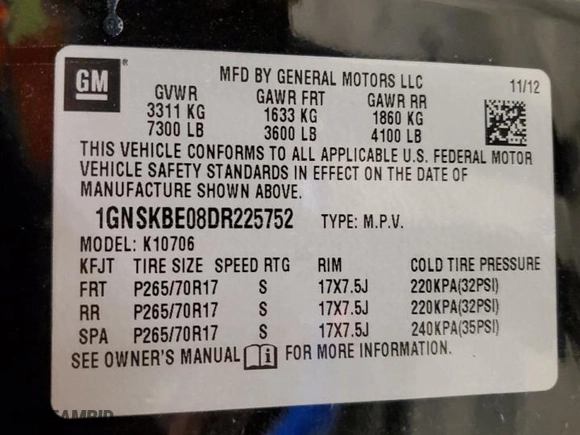 2013 Chevrolet Tahoe LT with VIN 1GNSKBE08DR225752, listed as a Copart auction lot 50666835 with 193,438 mi miles and Non Repairable. Bid and sale history available at carsss.com. Image 15.