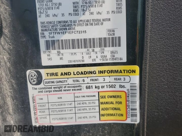 2014 Ford F-150 XL with VIN 1FTFW1EF1EFC72315, listed as a Copart auction lot 59571695 with 195,984 mi miles and Clean title. Bid and sale history available at DreamBid. Image 12.