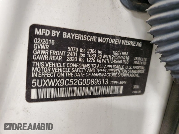 2016 BMW X3 xDrive28i with VIN 5UXWX9C52G0D89513, listed as a Copart auction lot 47055325 with 75,586 mi miles and Salvage Title. Bid and sale history available at DreamBid. Image 12.