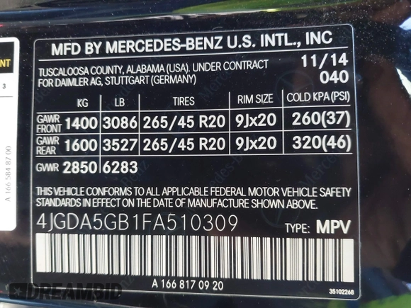 2015 Mercedes-Benz M 400 with VIN 4JGDA5GB1FA510309, listed as a IAAI auction lot 41603810 with 109,391 mi miles and . Bid and sale history available at DreamBid. Image 9.