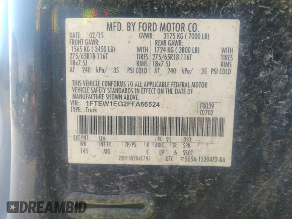 2015 Ford F-150 XLT with VIN 1FTEW1EG2FFA66524, listed as a IAAI auction lot 37587446 with 204,547 mi miles and . Bid and sale history available at DreamBid. Image 9.