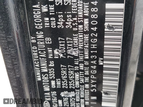2017 Kia Sorento LX z VIN 5XYPG4A31HG240884, wystawiony jako Copart lot #52142315 z przebiegiem 88 556 mil mil oraz Szkoda całkowita • Salvage title. Historia ofert i sprzedaży dostępna na DreamBid. Obrazek 15.