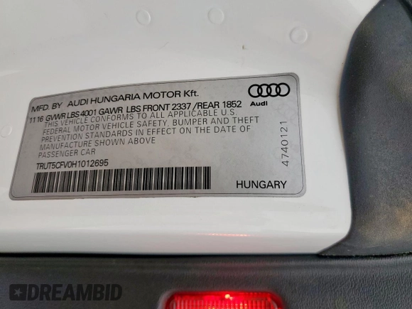 2017 Audi TT Roadster z VIN TRUT5CFV0H1012695, wystawiony jako Copart lot #57881695 z przebiegiem 87 580 mil mil oraz Szkoda całkowita • Salvage title. Historia ofert i sprzedaży dostępna na DreamBid. Obrazek 12.
