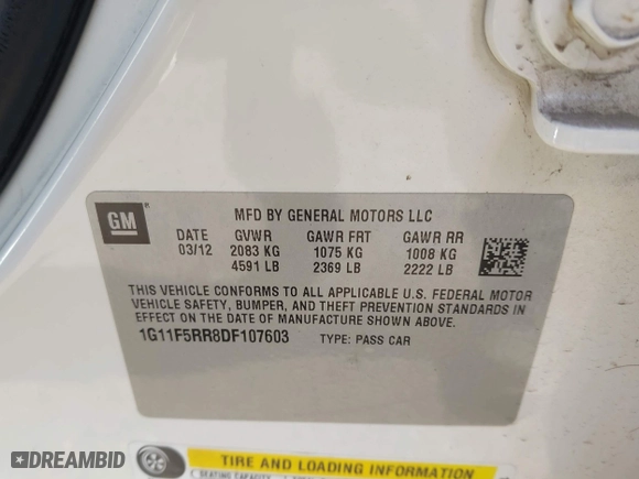 2013 Chevrolet Malibu ECO with VIN 1G11F5RR8DF107603, listed as a IAAI auction lot 42123508 with 80,532 mi miles. Bid and sale history available at carsss.com. Image 9.