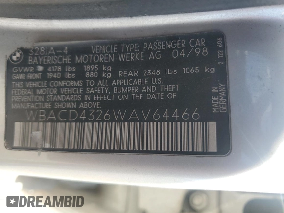 1998 BMW 3 Series 328iA with VIN WBACD4326WAV64466, listed as a Copart auction lot 74957534 with 152,963 mi miles and Salvage Title. Bid and sale history available at carsss.com. Image 12.