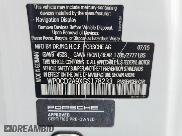 2016 Porsche 911 Turbo S with VIN WP0CD2A9XGS178233, listed as a Copart auction lot 75118664 with 41,481 mi miles and Salvage Title. Bid and sale history available at DreamBid. Image 13.