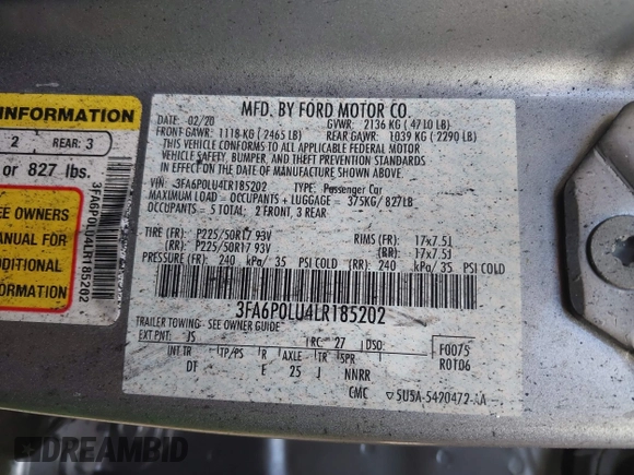 2020 Ford Fusion SE z VIN 3FA6P0LU4LR185202, wystawiony jako IAAI lot #40549321 z przebiegiem Nie podano mil oraz . Historia ofert i sprzedaży dostępna na DreamBid. Obrazek 9.