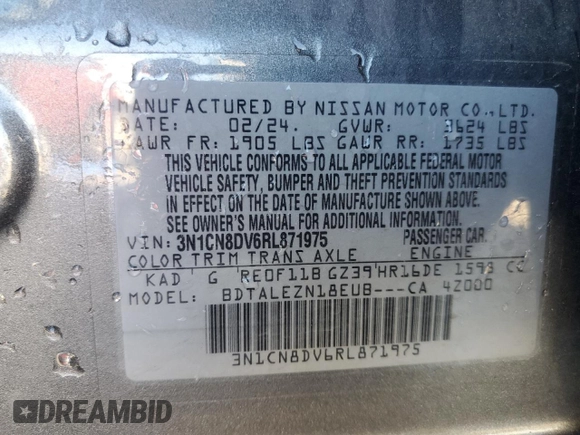 2024 Nissan Versa S with VIN 3N1CN8DV6RL871975, listed as a Copart auction lot 49680405 with 31,801 mi miles and Salvage Title. Bid and sale history available at DreamBid. Image 13.