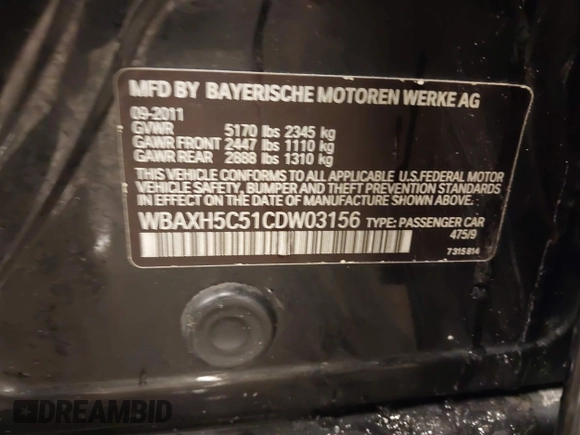 2012 BMW 5 Series 528i xDrive with VIN WBAXH5C51CDW03156, listed as a IAAI auction lot 41236722 with 189,196 mi miles and . Bid and sale history available at DreamBid. Image 9.