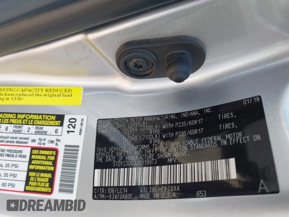 2018 Toyota Sienna XLE Auto Access Seat with VIN 5TDYZ3DC3JS919973, listed as a IAAI auction lot 41788544 with 114,828 mi miles and . Bid and sale history available at DreamBid. Image 9.