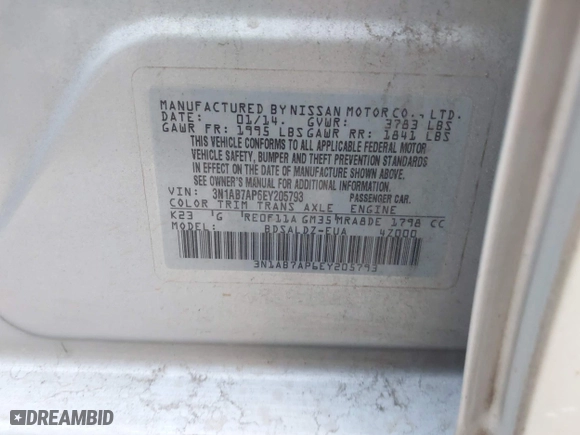 2014 Nissan Sentra SR with VIN 3N1AB7AP6EY205793, listed as a IAAI auction lot 42043133 with 127,356 mi miles. Bid and sale history available at carsss.com. Image 9.