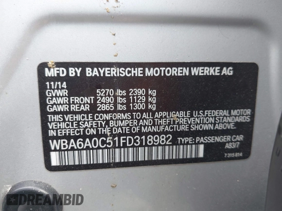 2015 BMW 6 Series 640i z VIN WBA6A0C51FD318982, wystawiony jako IAAI lot #41875547 z przebiegiem 60 968 mil mil oraz . Historia ofert i sprzedaży dostępna na DreamBid. Obrazek 9.