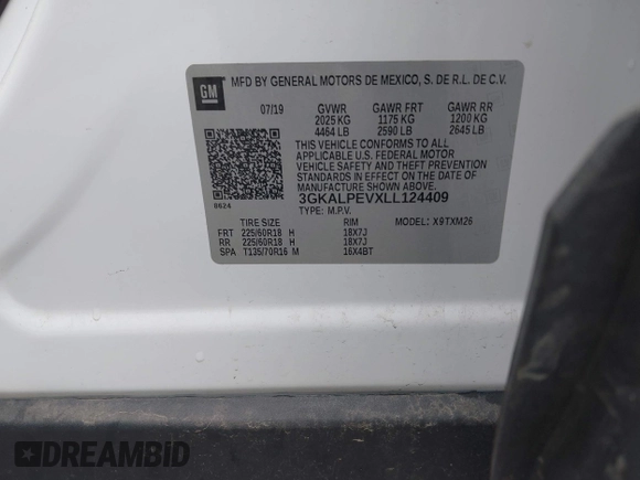 2020 GMC Terrain SLT with VIN 3GKALPEVXLL124409, listed as a IAAI auction lot 42355378 with 116,736 mi miles and . Bid and sale history available at DreamBid. Image 9.