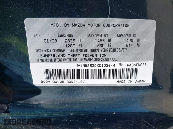 1999 Mazda MX-5 Miata with VIN JM1NB3530X0103644, listed as a IAAI auction lot 42524948 with Not provided miles and . Bid and sale history available at DreamBid. Image 9.