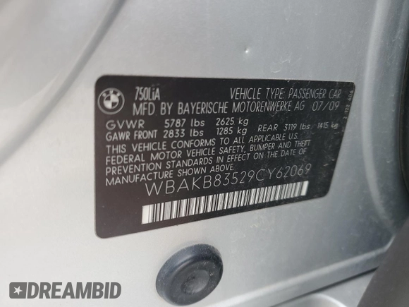 2009 BMW 7 Series 750Li with VIN WBAKB83529CY62069, listed as a Copart auction lot 44820915 with 123,684 mi miles and Salvage title. Bid and sale history available at DreamBid. Image 14.
