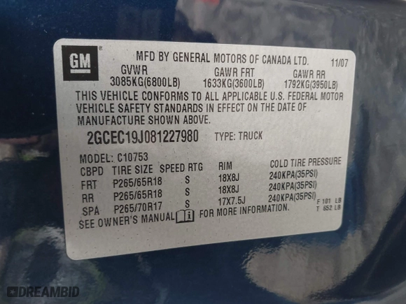 2008 Chevrolet Silverado 1500 LT w/1LT with VIN 2GCEC19J081227980, listed as a IAAI auction lot 41432542 with 199,275 mi miles. Bid and sale history available at carsss.com. Image 9.