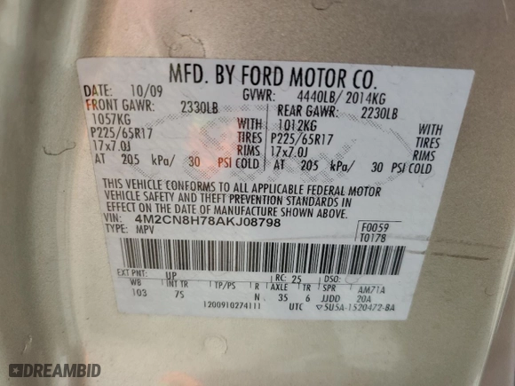 2010 Mercury Mariner Premier with VIN 4M2CN8H78AKJ08798, listed as a Copart auction lot 75897504 with 0 mi miles and Salvage Title. Bid and sale history available at carsss.com. Image 13.