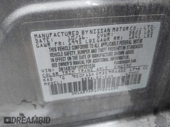 2017 Nissan Sentra S with VIN 3N1AB7AP1HY221534, listed as a IAAI auction lot 42361661 with 98,457 mi miles and . Bid and sale history available at DreamBid. Image 9.