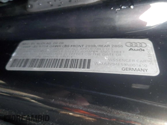2009 Audi A8 4.2L with VIN WAUMV94E59N001610, listed as a Copart auction lot 85140274 with 116,332 mi miles and Salvage title. Bid and sale history available at DreamBid. Image 13.
