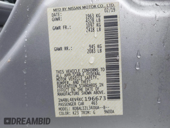 2019 Nissan Altima 2.5 SL with VIN 1N4BL4EV4KC196673, listed as a IAAI auction lot 41480266 with 89,242 mi miles. Bid and sale history available at carsss.com. Image 9.