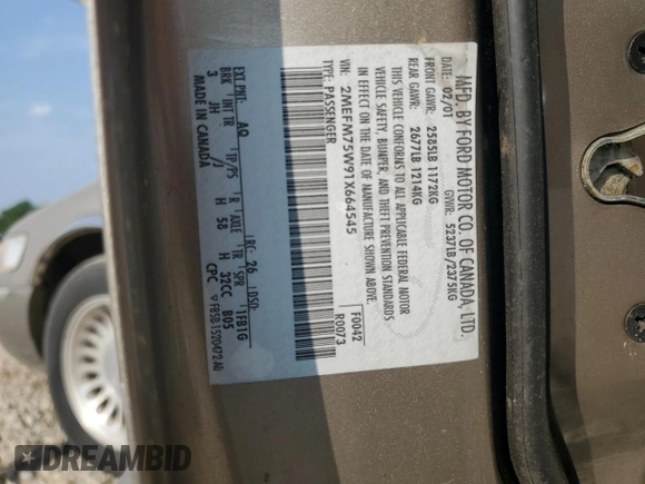 2001 Mercury Grand Marquis LS z VIN 2MEFM75W91X664545, wystawiony jako Copart lot #59572735 z przebiegiem 141 785 mil mil oraz Czysty tytuł • Clean title. Historia ofert i sprzedaży dostępna na DreamBid. Obrazek 12.