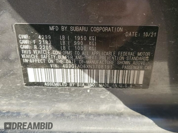 2022 Subaru Impreza Premium with VIN 4S3GTAD6XN3708191, listed as a Copart auction lot 41456945 with 49,778 mi miles and Clean title. Bid and sale history available at DreamBid. Image 15.