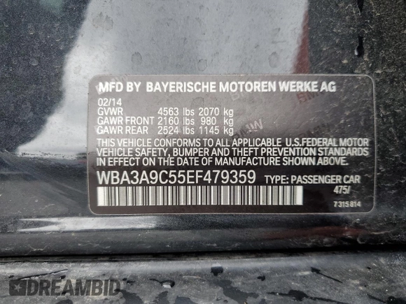 2014 BMW 3 Series 335i with VIN WBA3A9C55EF479359, listed as a Copart auction lot 48224715 with 98,747 mi miles and Salvage Title. Bid and sale history available at carsss.com. Image 14.