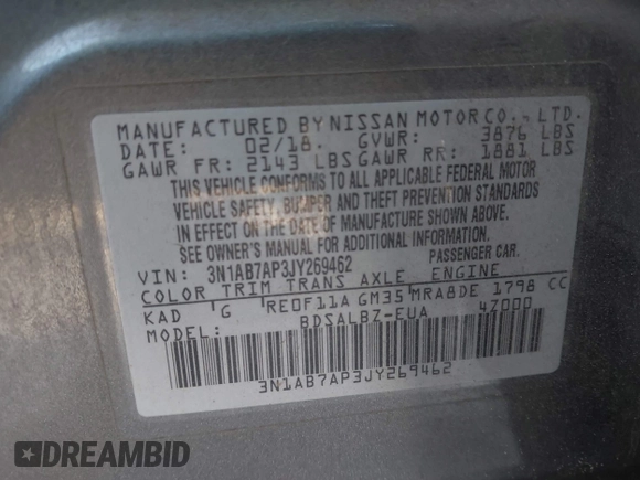 2018 Nissan Sentra SV with VIN 3N1AB7AP3JY269462, listed as a IAAI auction lot 41972631 with 184,694 mi miles. Bid and sale history available at carsss.com. Image 9.