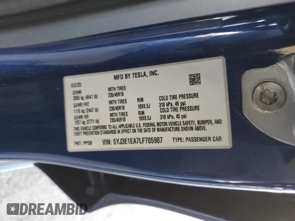 2020 Tesla Model 3 Standard Range Plus with VIN 5YJ3E1EA7LF705907, listed as a Copart auction lot 48765145 with 104,479 mi miles and Salvage Title. Bid and sale history available at DreamBid. Image 15.