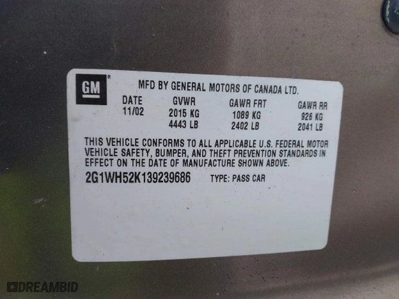 2003 Chevrolet Impala LS with VIN 2G1WH52K139239686, listed as a IAAI auction lot 41404754 with 89,404 mi miles. Bid and sale history available at carsss.com. Image 9.
