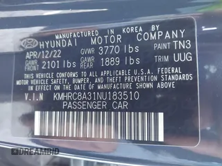 2022 Hyundai Venue SEL with VIN KMHRC8A31NU183510, listed as a IAAI auction lot 41861860 with 80,313 mi miles and . Bid and sale history available at DreamBid. Image 9.