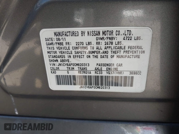 2012 Infiniti G37 Journey with VIN JN1CV6AP0CM620313, listed as a IAAI auction lot 42096265 with 125,723 mi miles. Bid and sale history available at carsss.com. Image 9.