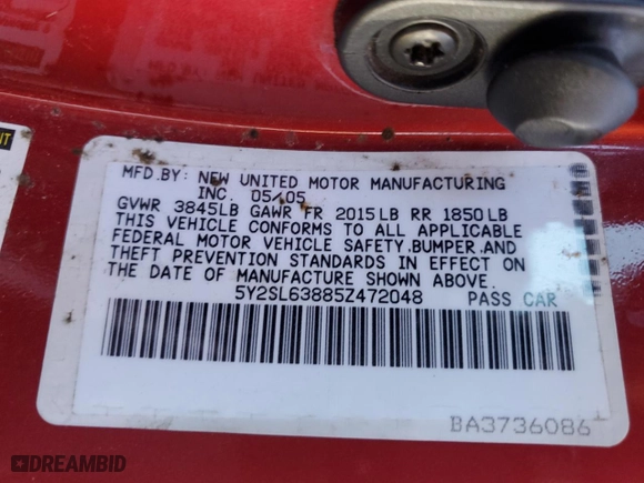 2005 Pontiac Vibe with VIN 5Y2SL63885Z472048, listed as a Copart auction lot 46622485 with 0 mi miles and Salvage Title. Bid and sale history available at carsss.com. Image 12.