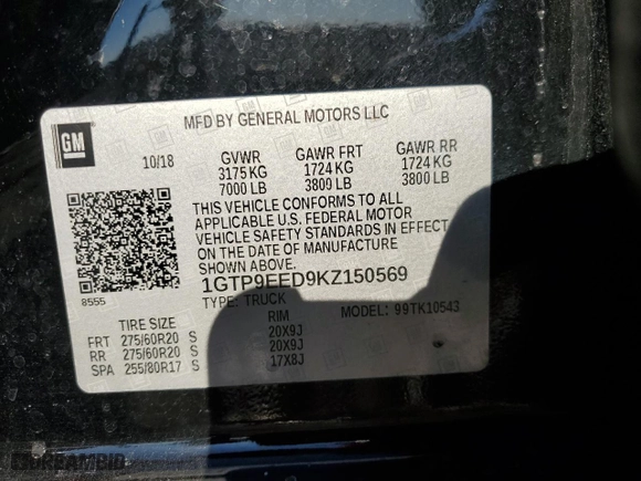 2019 GMC Sierra 1500 AT4 with VIN 1GTP9EED9KZ150569, listed as a Copart auction lot 89291645 with 82,744 mi miles and Salvage Title. Bid and sale history available at carsss.com. Image 15.