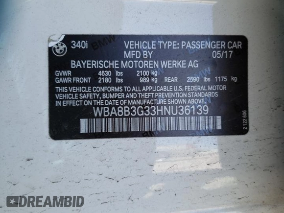 2017 BMW 3 Series 340i with VIN WBA8B3G33HNU36139, listed as a Copart auction lot 44767665 with 64,669 mi miles and Salvage Title. Bid and sale history available at DreamBid. Image 15.