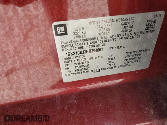 2016 GMC Yukon Denali with VIN 1GKS1CKJ3GR394861, listed as a Copart auction lot 47296535 with 0 mi miles and Salvage Title. Bid and sale history available at carsss.com. Image 14.