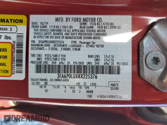 2019 Ford Fusion SE with VIN 3FA6P0LUXKR225376, listed as a Copart auction lot 53430445 with 133,512 mi miles and Non Repairable. Bid and sale history available at carsss.com. Image 12.