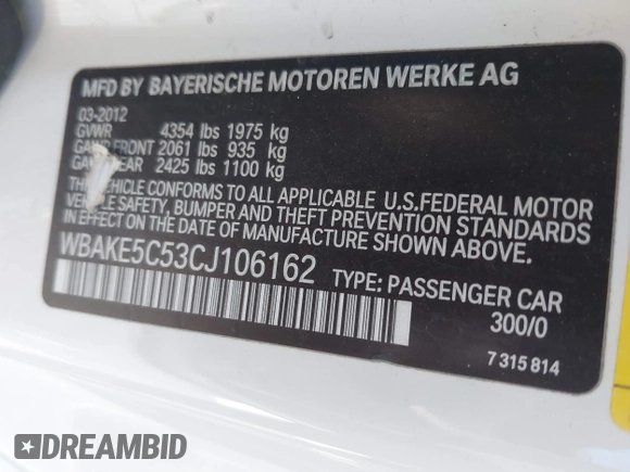 2012 BMW 3 Series 328i with VIN WBAKE5C53CJ106162, listed as a IAAI auction lot 41330065 with 160,624 mi miles and . Bid and sale history available at carsss.com. Image 9.
