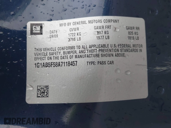 2010 Chevrolet Cobalt LS with VIN 1G1AB5F58A7118457, listed as a IAAI auction lot 41954451 with 167,723 mi miles and . Bid and sale history available at DreamBid. Image 9.