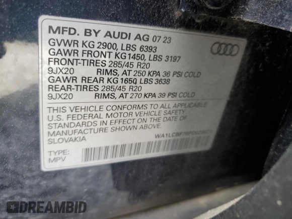 2023 Audi Q7 Premium Plus with VIN WA1LCBF79PD029871, listed as a Copart auction lot 51315265 with 24,036 mi miles and Salvage title. Bid and sale history available at DreamBid. Image 15.
