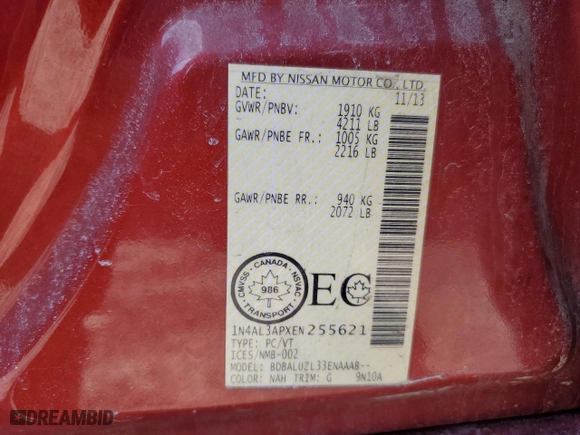 2014 Nissan Altima 2.5 S with VIN 1N4AL3APXEN255621, listed as a Copart auction lot 49647455 with 178,647 mi miles and Clean Title. Bid and sale history available at carsss.com. Image 13.