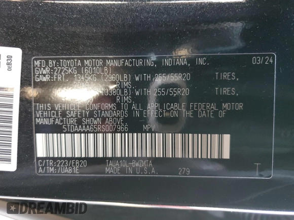 2024 Lexus TX 350 with VIN 5TDAAAA65RS007966, listed as a Copart auction lot 85343724 with 35,782 mi miles and Salvage title. Bid and sale history available at DreamBid. Image 14.