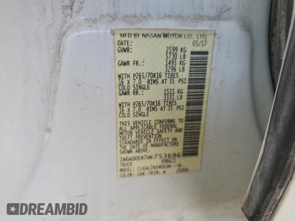 2017 Nissan Frontier SV with VIN 1N6AD0ER7HN753696, listed as a Copart auction lot 56972765 with Not provided miles and Salvage title. Bid and sale history available at DreamBid. Image 12.