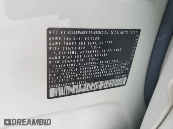 2022 Volkswagen Tiguan SE R-Line Black with VIN 3VVCB7AX7NM022952, listed as a Copart auction lot 62689115 with 16,119 mi miles and Salvage title. Bid and sale history available at DreamBid. Image 13.