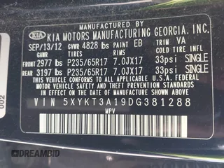2013 Kia Sorento LX with VIN 5XYKT3A19DG381288, listed as a IAAI auction lot 42797647 with 220,000 mi miles and . Bid and sale history available at DreamBid. Image 9.