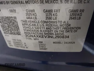 2022 Chevrolet Equinox LT with VIN 3GNAXKEV3NL290834, listed as a IAAI auction lot 41801652 with 20,703 mi miles. Bid and sale history available at carsss.com. Image 9.