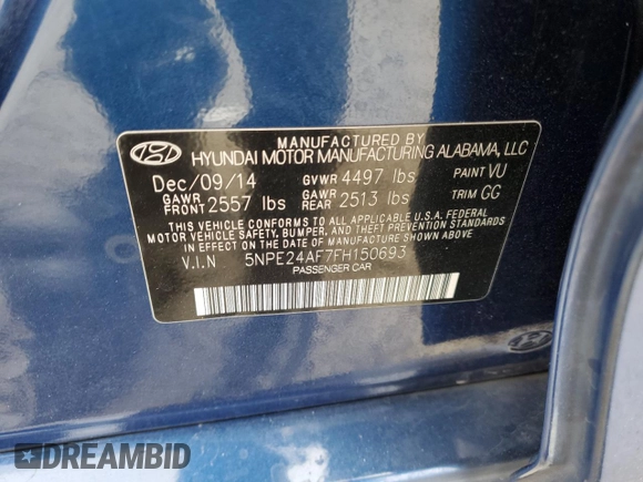 2015 Hyundai Sonata SE with VIN 5NPE24AF7FH150693, listed as a Copart auction lot 55894735 with 173,388 mi miles and Salvage Title. Bid and sale history available at DreamBid. Image 13.